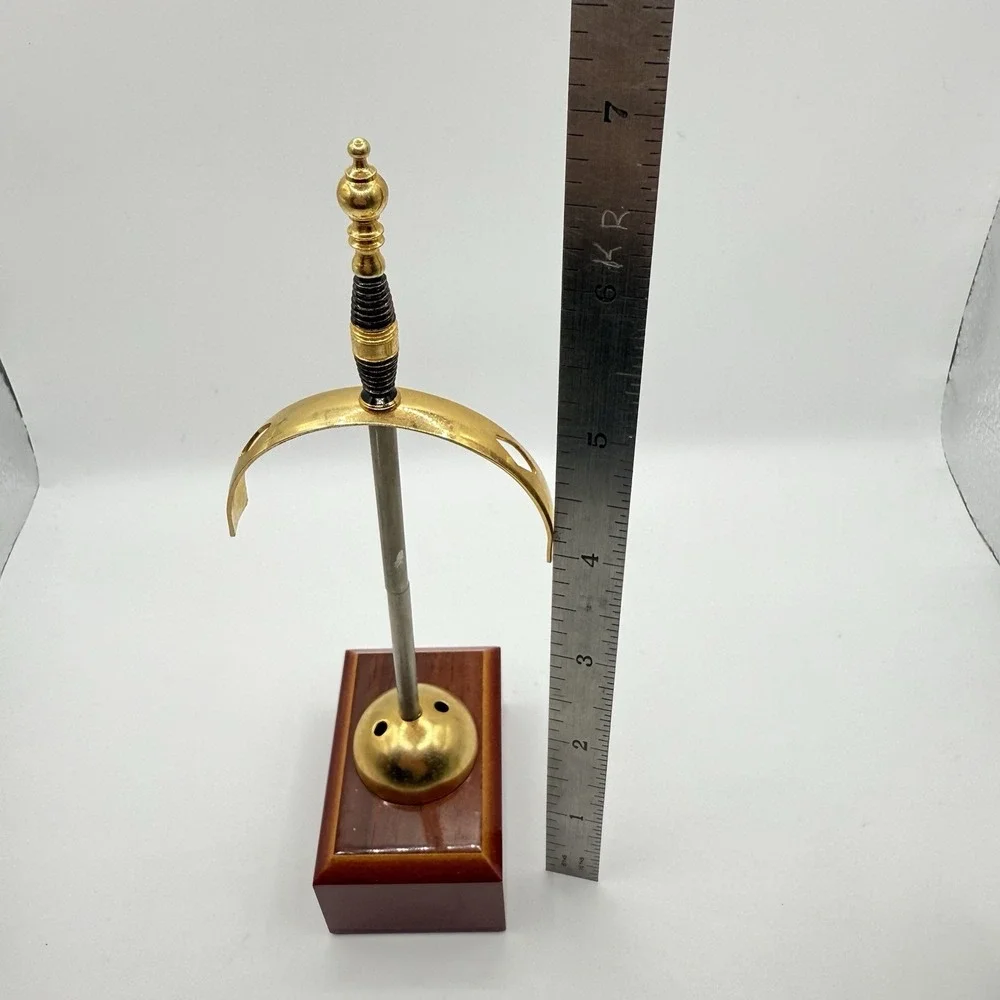 Vintage TOLEDO Spanish Damascene Brass Cocktail Mini Sword Picks Wood Stand ONLY